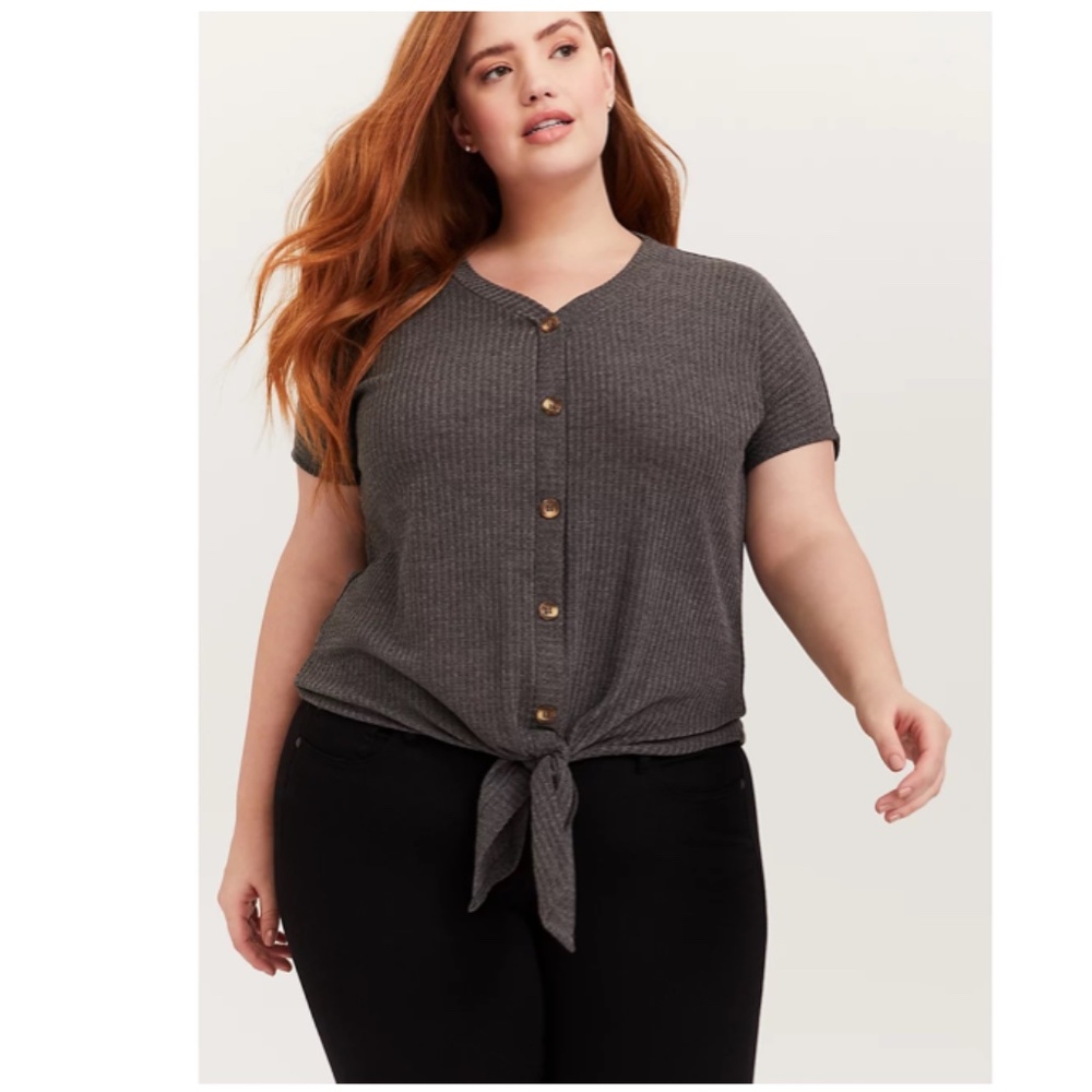 TORRID Charcoal Grey Waffle Knit Button Tie Front Midi Tee Size 2X